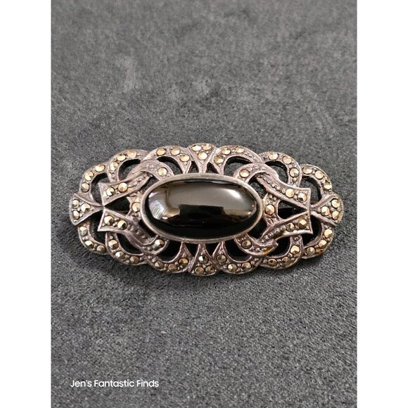 Antique Sterling Silver & Marcasite Brooch‎ With Black Onyx Stone